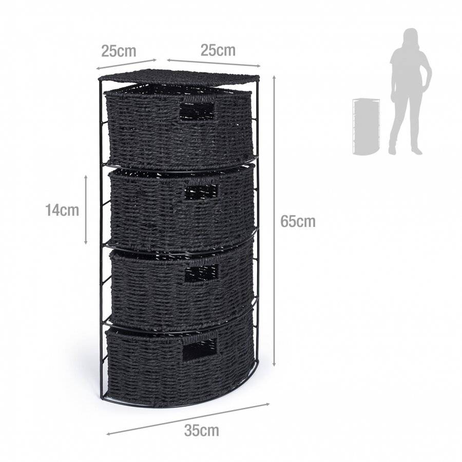 Paper rope 4 Drawer Slimline Space Saving Corner Storage Unit - Black