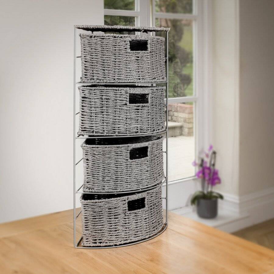 Paper rope 4 Drawer Slimline Space Saving Corner Storage Unit - Grey