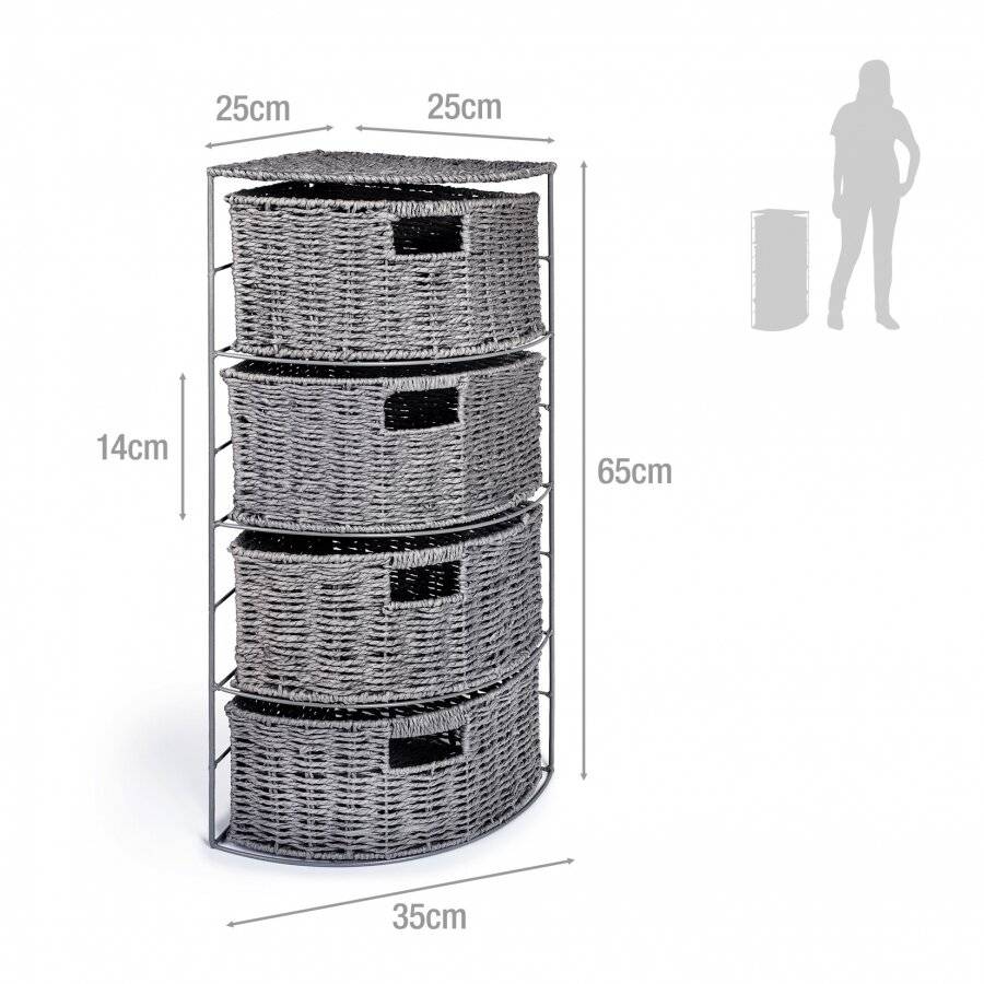 Paper rope 4 Drawer Slimline Space Saving Corner Storage Unit - Grey