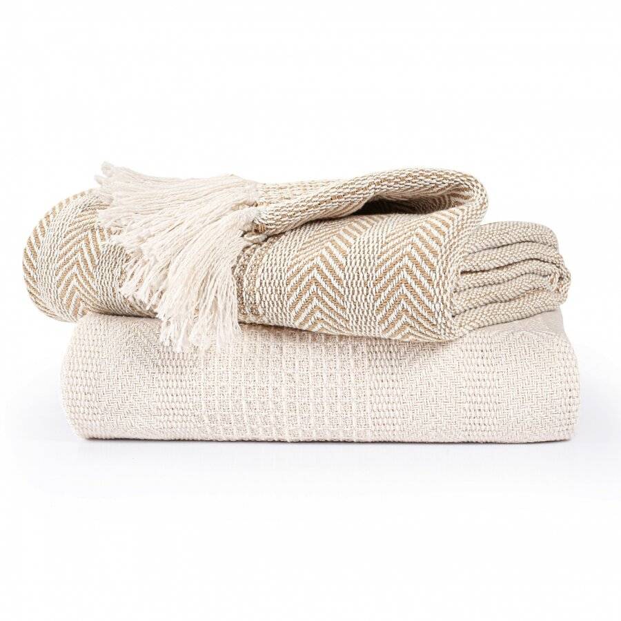Premium Pack of 2 Cross-Stitch Throws for Sofa - Beige / Ivory