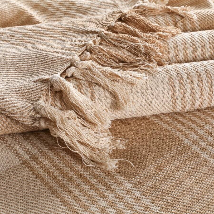 Premium Reversible XL Cotton Tartan Throw For Sofa/Armchair - Beige