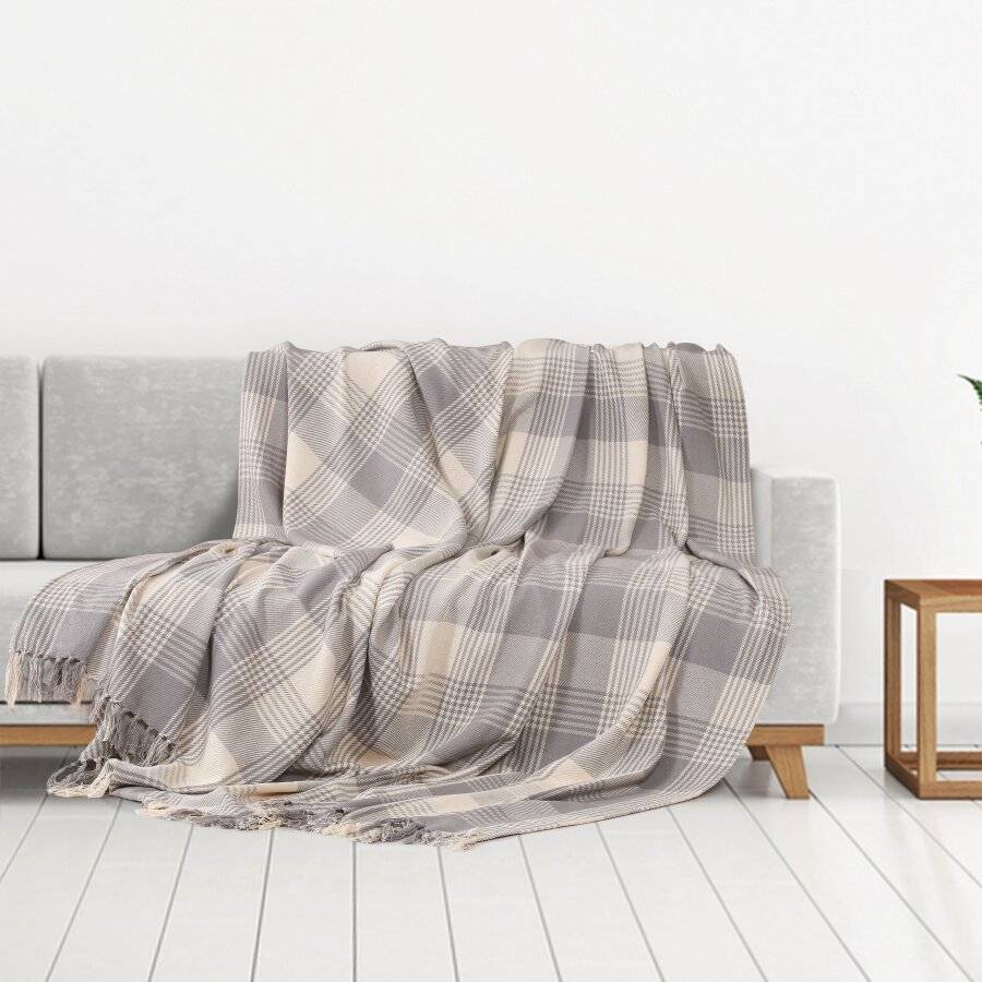 Premium Reversible XL Cotton Tartan Throw For Sofa/Armchair - Grey