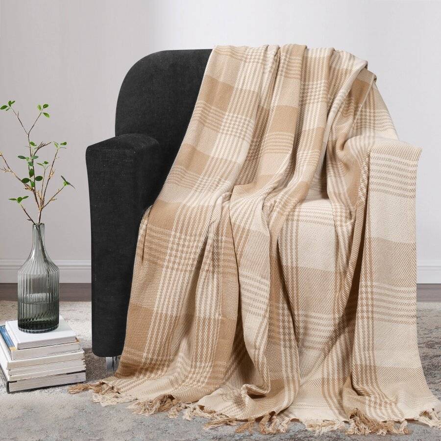 EHC Reversible Large Cotton Tartan Throw For Sofa or Armchair - Beige