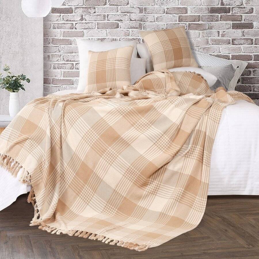 EHC Reversible Large Cotton Tartan Throw For Sofa or Armchair - Beige