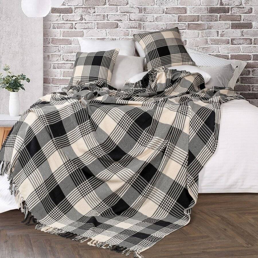 EHC Reversible Large Cotton Tartan Throw For Sofa or Armchair - Black