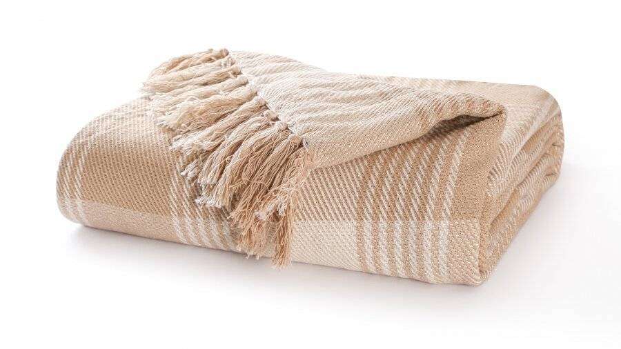 Reversible Super King Cotton Tartan Throw For Sofa/Armchair - Beige