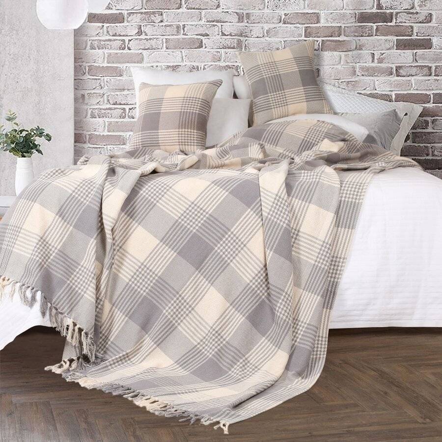 EHC Reversible Super King Cotton Tartan Throw For Sofa/Armchair - Grey