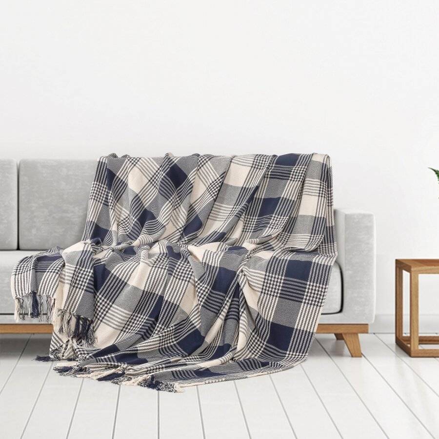 Reversible Super King Cotton Tartan Throw For Sofa/Armchair, Navy Blue