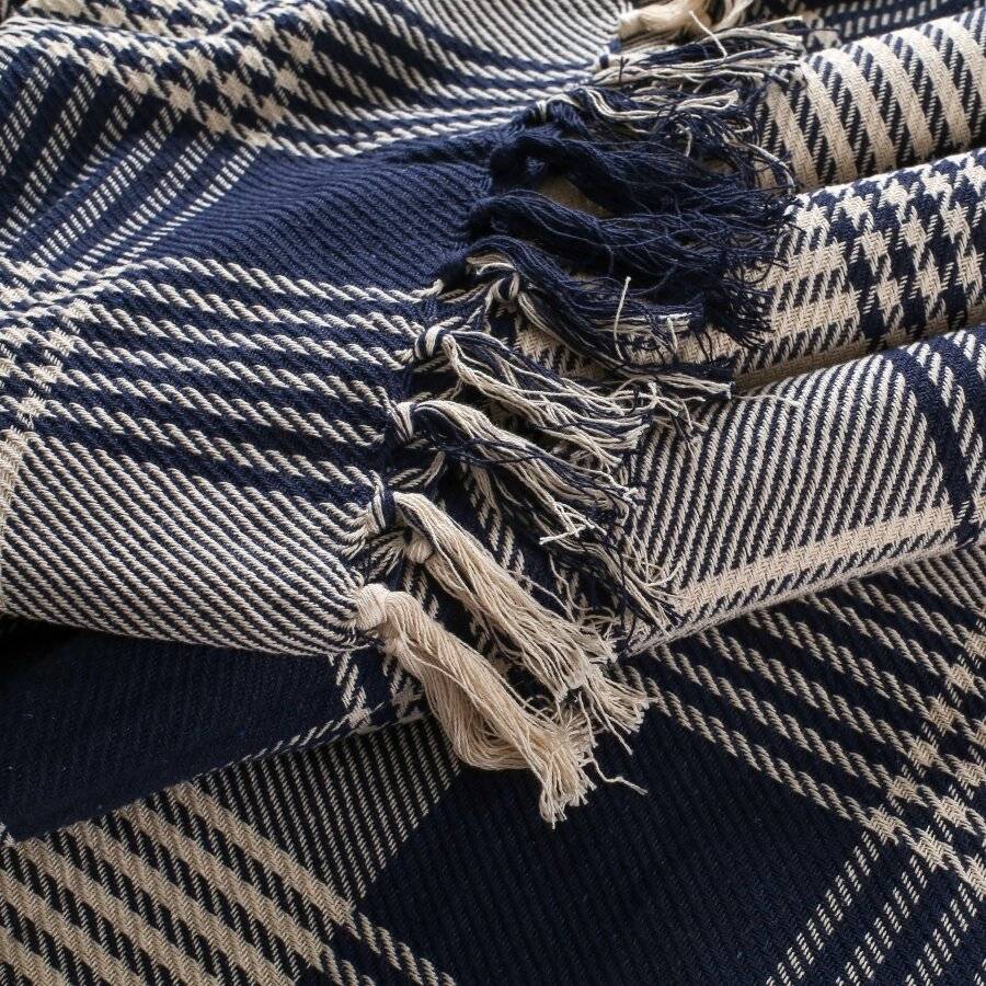 Reversible Super King Cotton Tartan Throw For Sofa/Armchair, Navy Blue