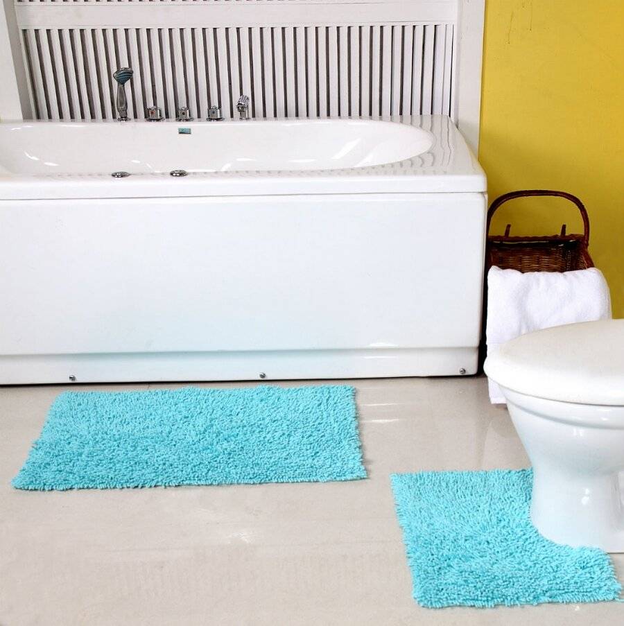 Anti-Slip Pure Cotton, Washable 2 PCs Bath Mat & Pedestal Set - Aqua