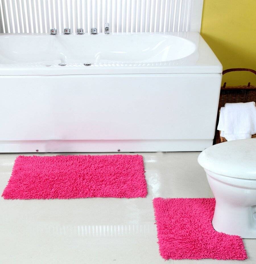 Anti-Slip Cotton, Washable 2 PCs Bath Mat & Pedestal Set - Hot Pink