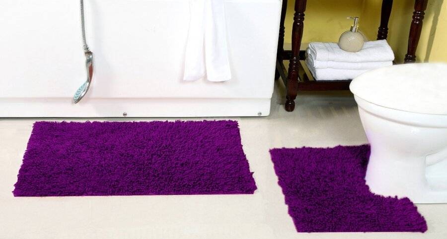 Pure Cotton Washable 2 Piece Bath Mat & Pedestal Set  - Aubergine