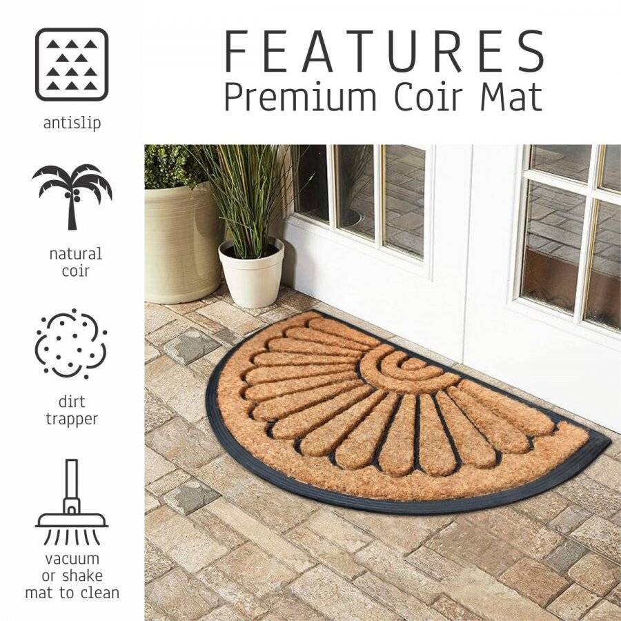 PVC Half Moon Moulded Brushed Coconut Coir Entrance Doormat, 45 x 75cm