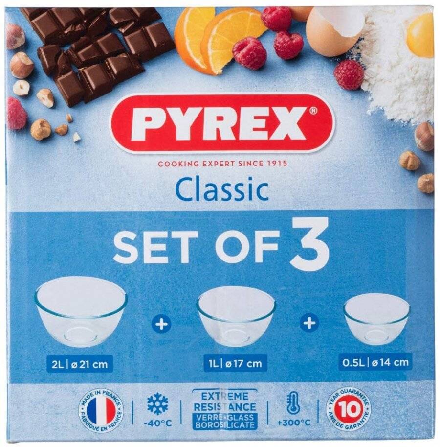 Pyrex High Resistance 3 Piece Glass Mixing Bowl Set,0.5 L/1.0 L /2.0 L