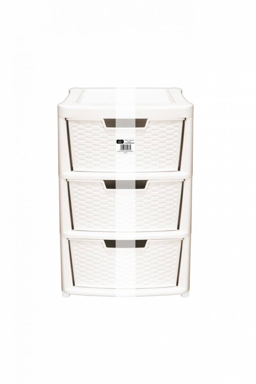 Rattan Style Large 3 Drawer Plastic Storage Unit - Cream