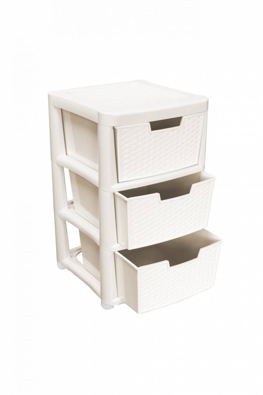 Rattan Style Large 3 Drawer Plastic Storage Unit - Cream