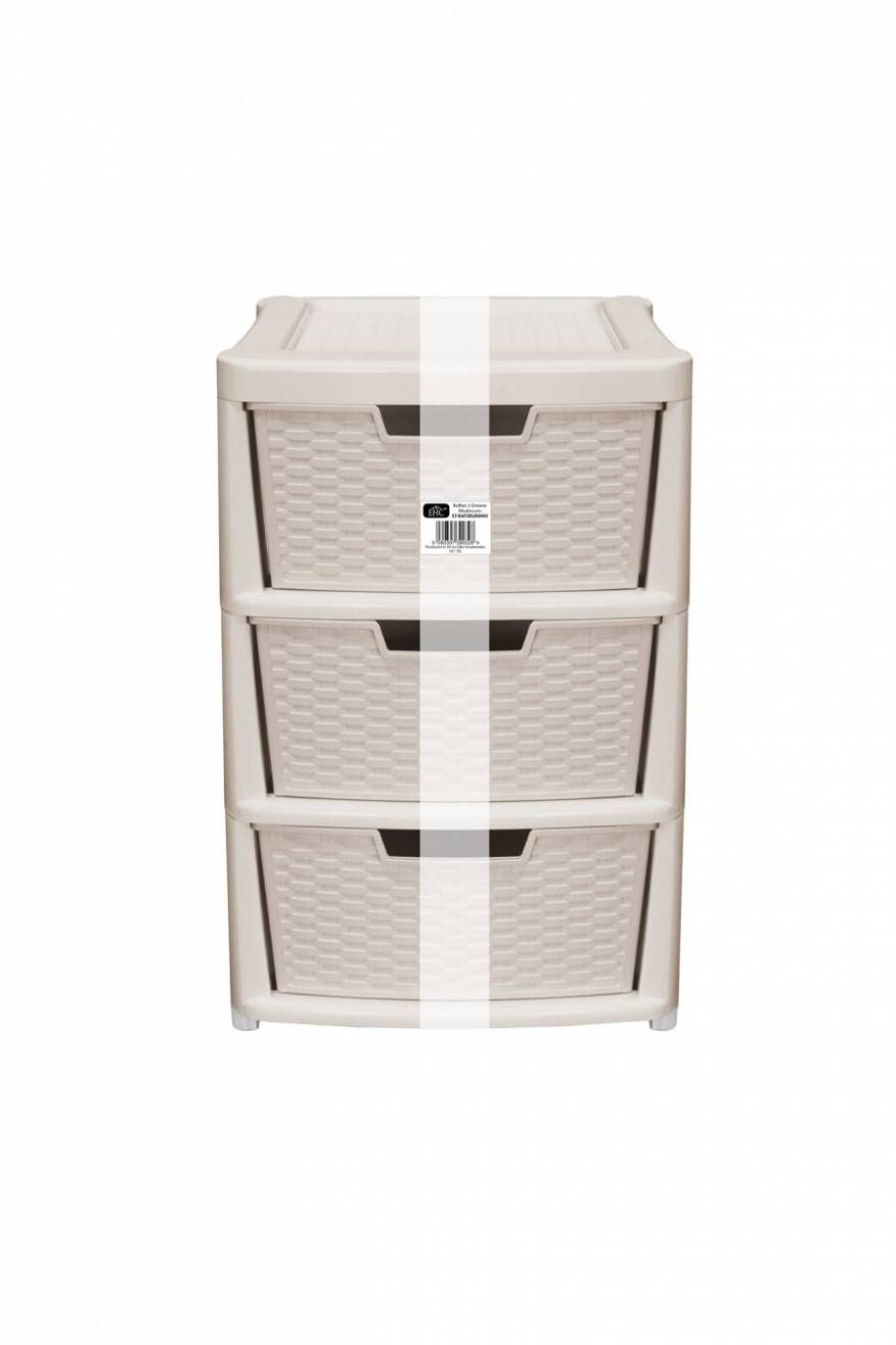 Rattan Style Large 3 Drawer Plastic Storage Unit - Mushroom