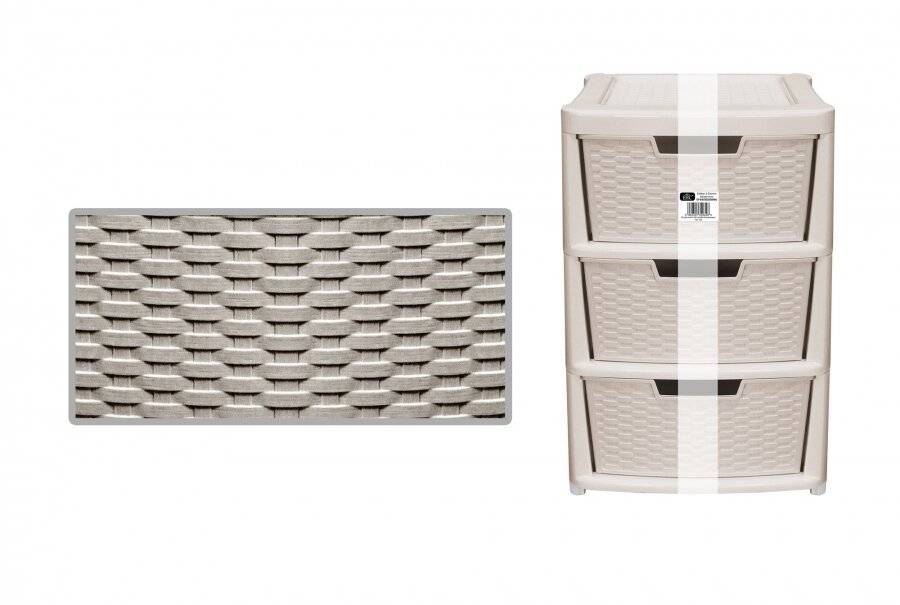 Rattan Style Large 3 Drawer Plastic Storage Unit - Mushroom