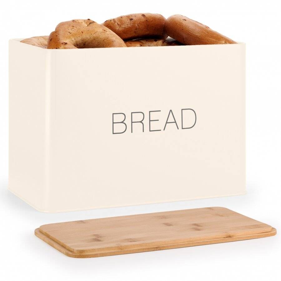 EHC Rectangular Enamel Bread Storage Container With Bamboo Lid - Cream