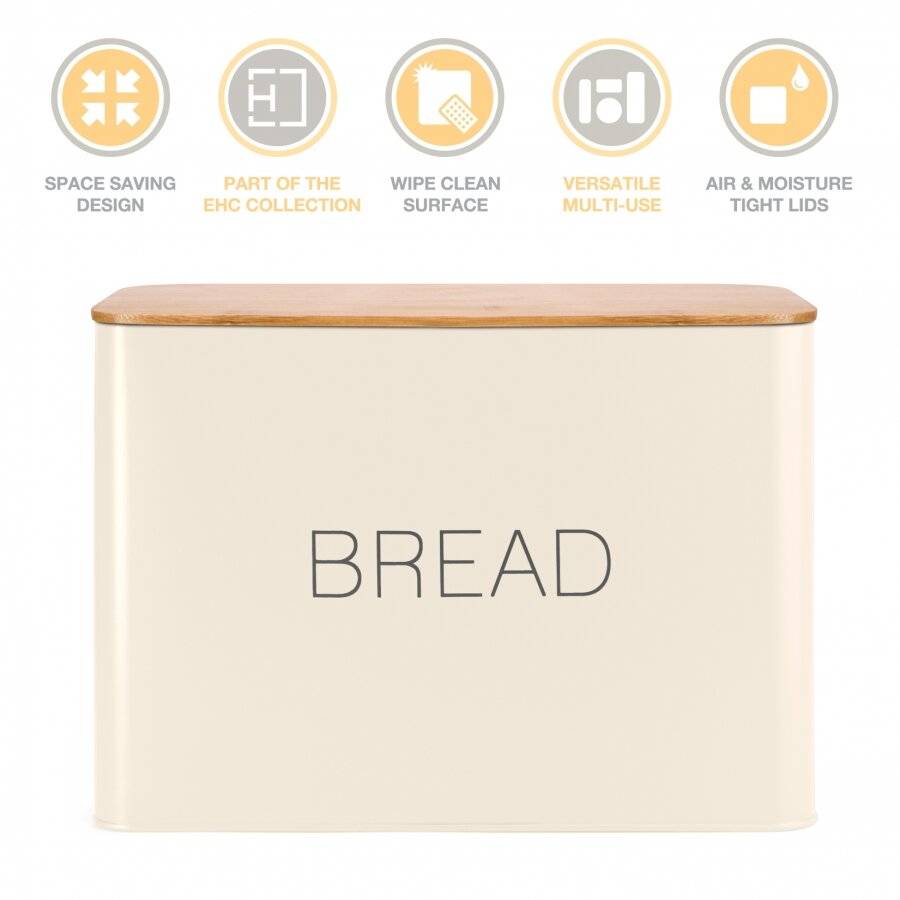 EHC Rectangular Enamel Bread Storage Container With Bamboo Lid - Cream