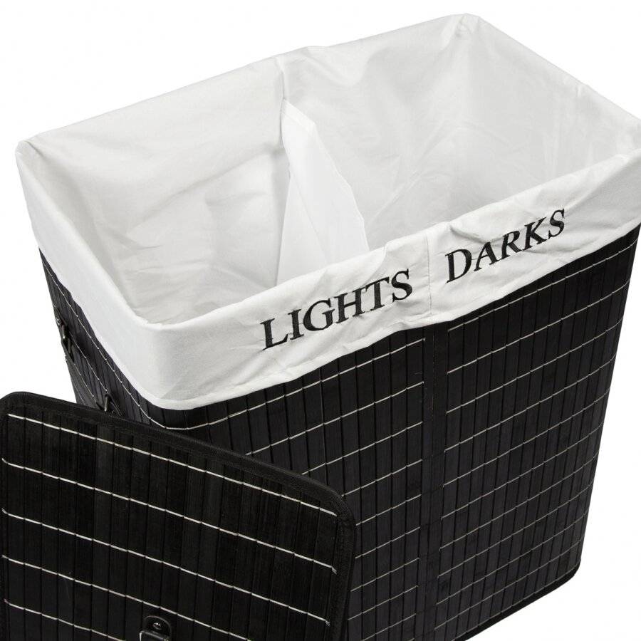 Rectangular Folding Bamboo 2 Compartment Laundry Basket - Black