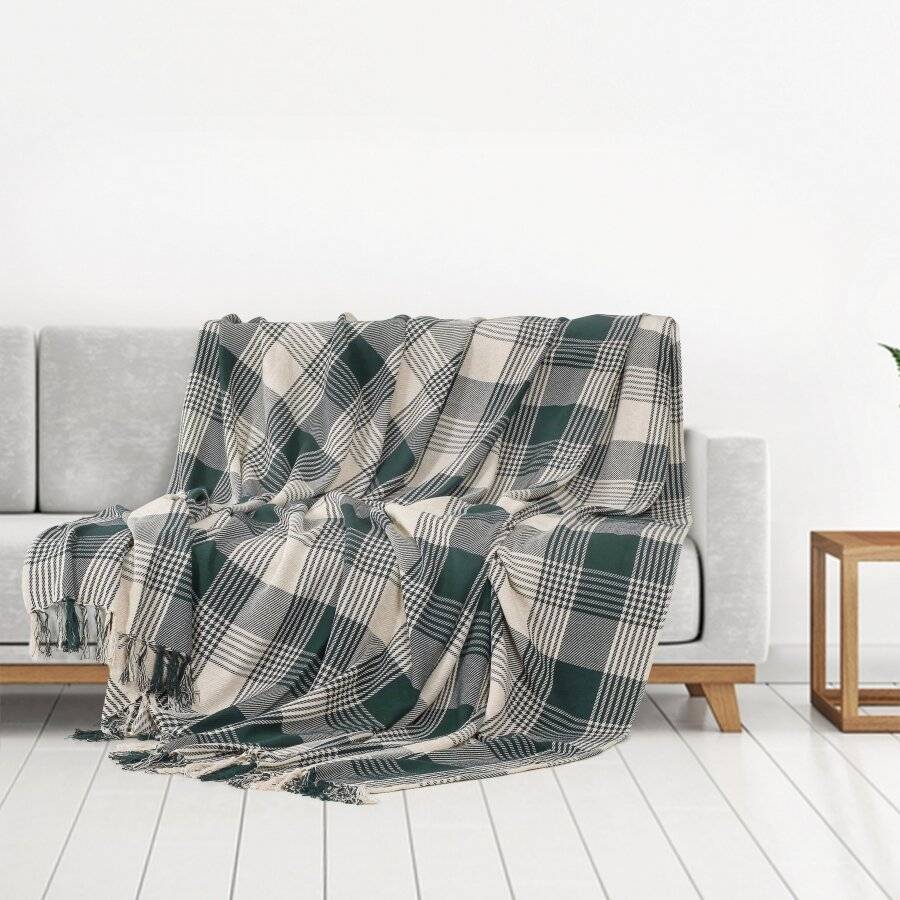 Reversible Super King Cotton Tartan Throw For Sofa/Armchair,Dark Green