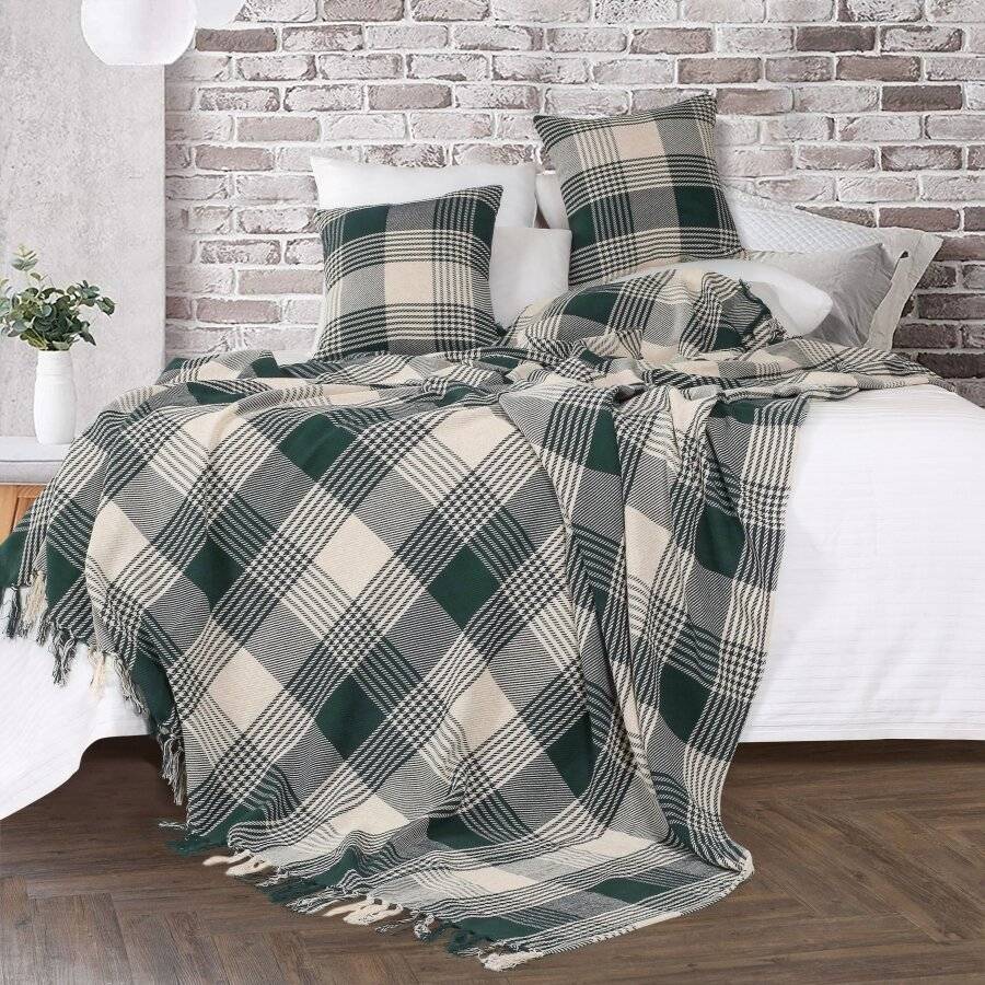 Reversible Super King Cotton Tartan Throw For Sofa/Armchair,Dark Green