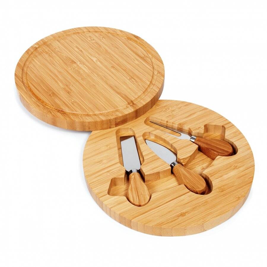 Round Cheese Board Set With Integrated Drawer & 3 Cheese Knives