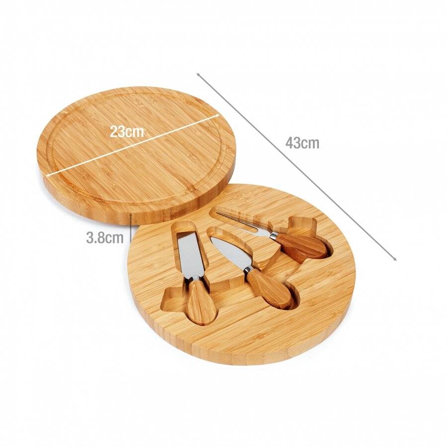 Round Cheese Board Set With Integrated Drawer & 3 Cheese Knives