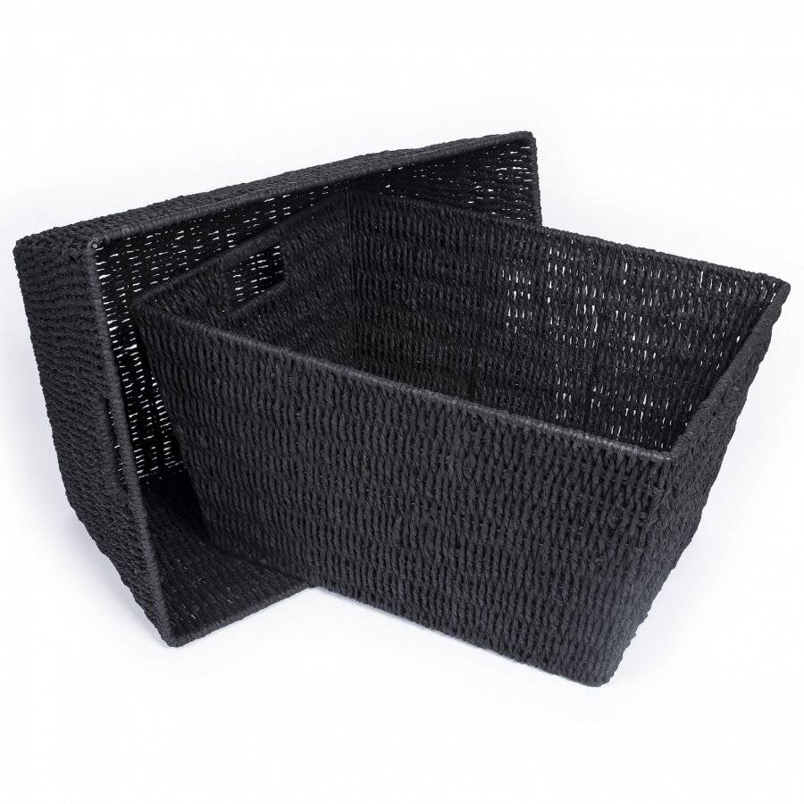 Set of 2 Large Paper Rope Storage Basket With Carry Handles, Black