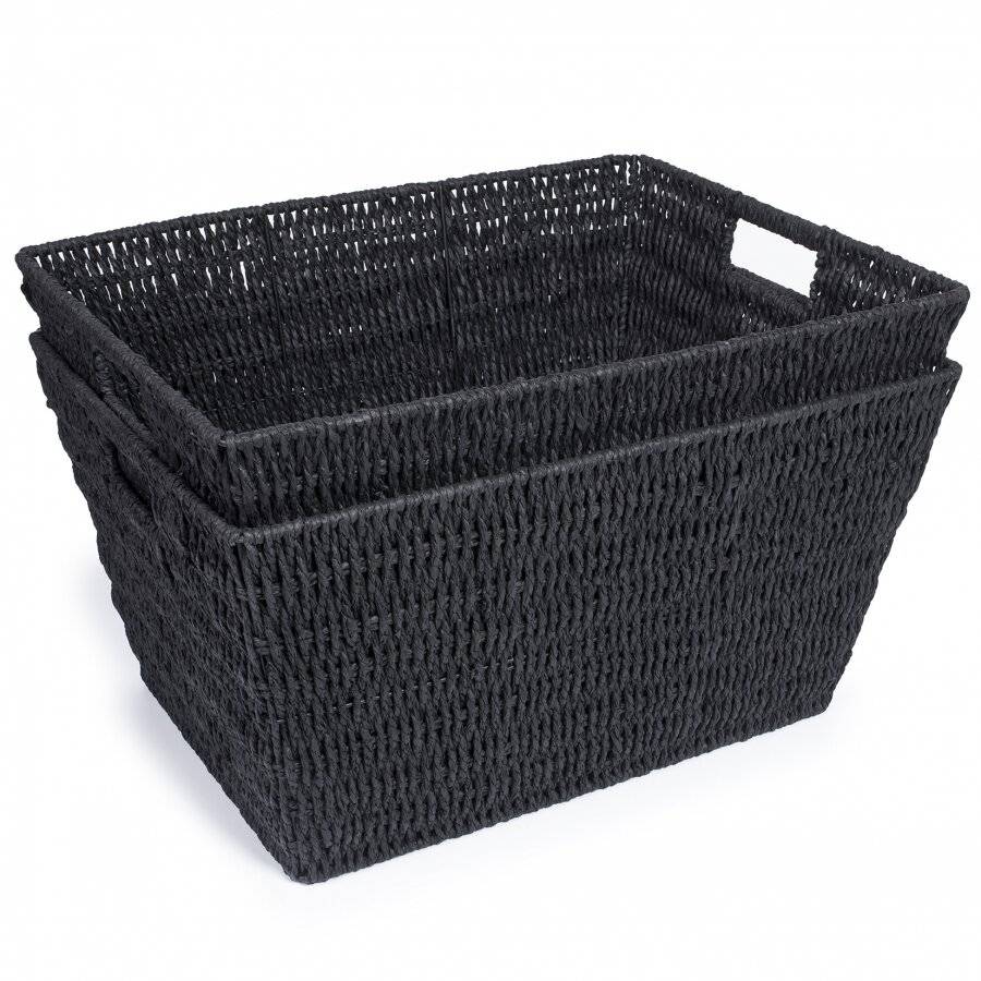 Set of 2 Large Paper Rope Storage Basket With Carry Handles, Black