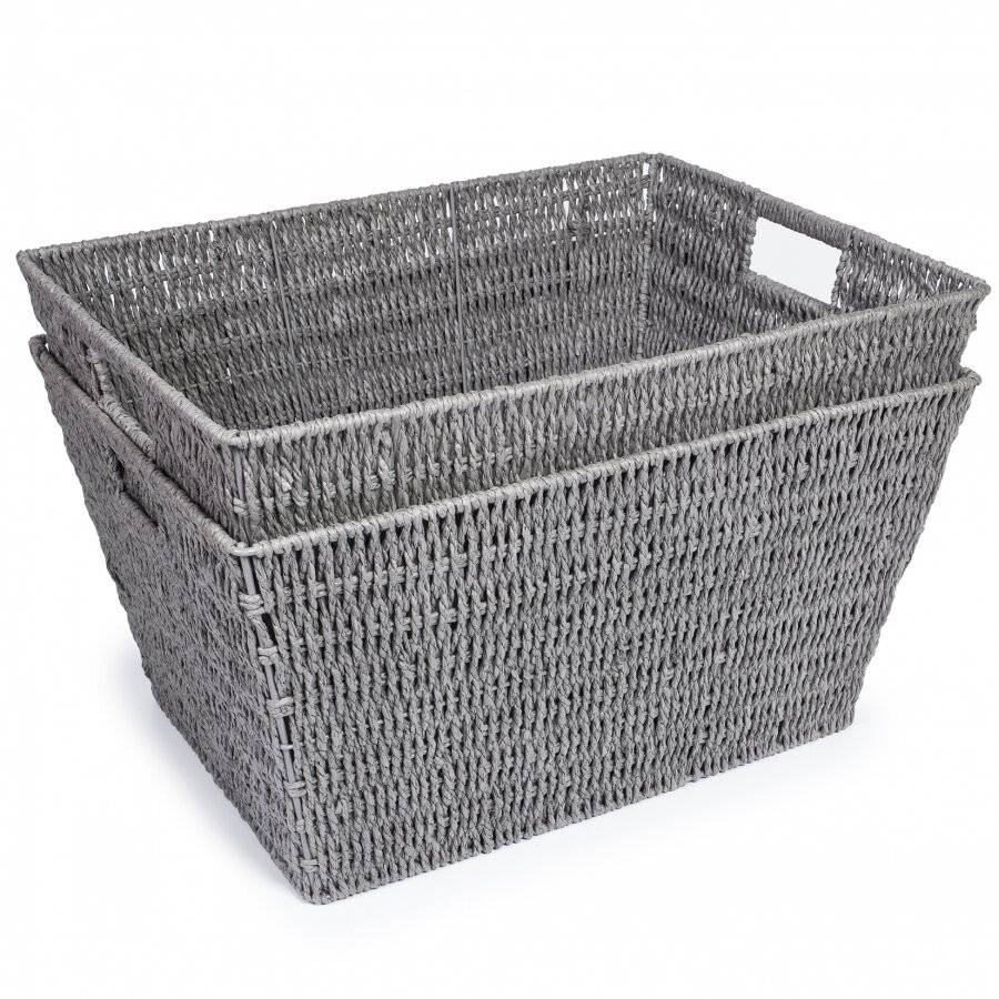 Set of 2 Large Paper Rope Storage Basket With Carry Handles, Grey