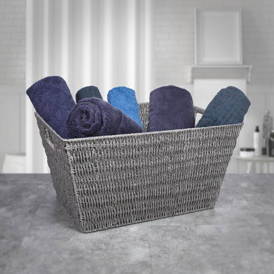 Set of 2 Large Paper Rope Storage Basket With Carry Handles, Grey