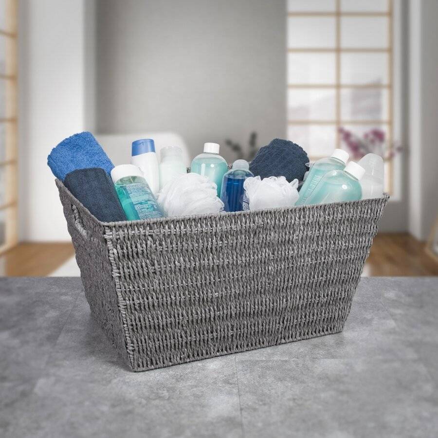 Set of 2 Large Paper Rope Storage Basket With Carry Handles, Grey