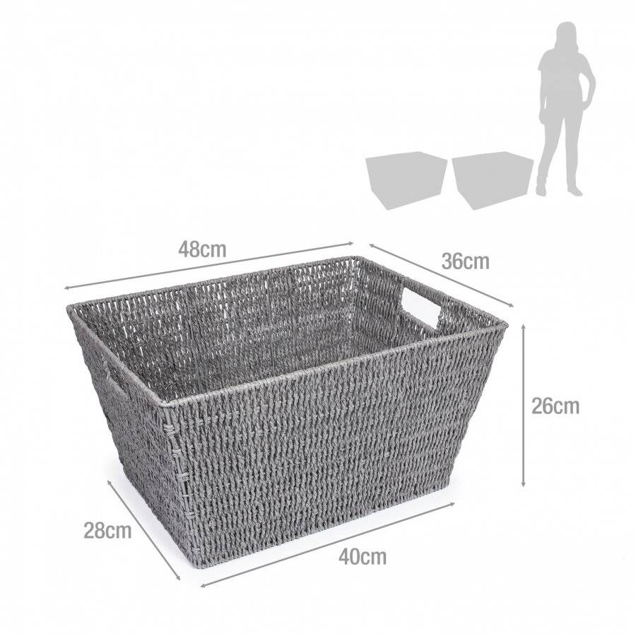 Set of 2 Large Paper Rope Storage Basket With Carry Handles, Grey