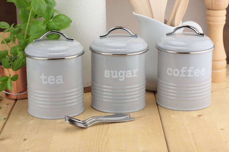 SET OF 3 SUGAR TEA COFFEE CANISTER SET RETRO WOODEN GIFT LID STORAGE WHITE TIN
