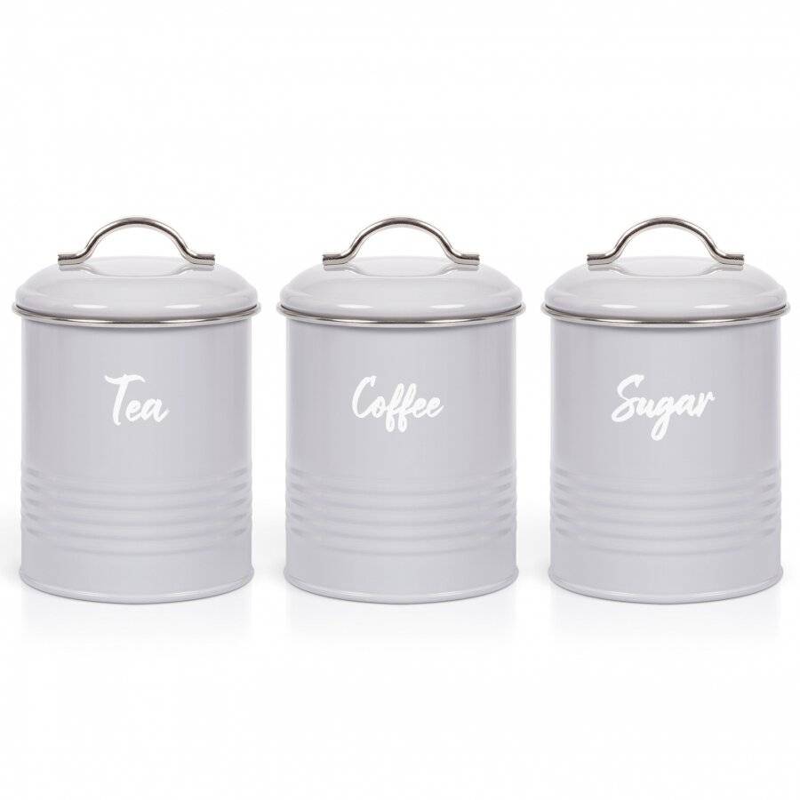 Set of 3 Airtight Round Tea, Sugar and Coffee Storage Canisters - Grey
