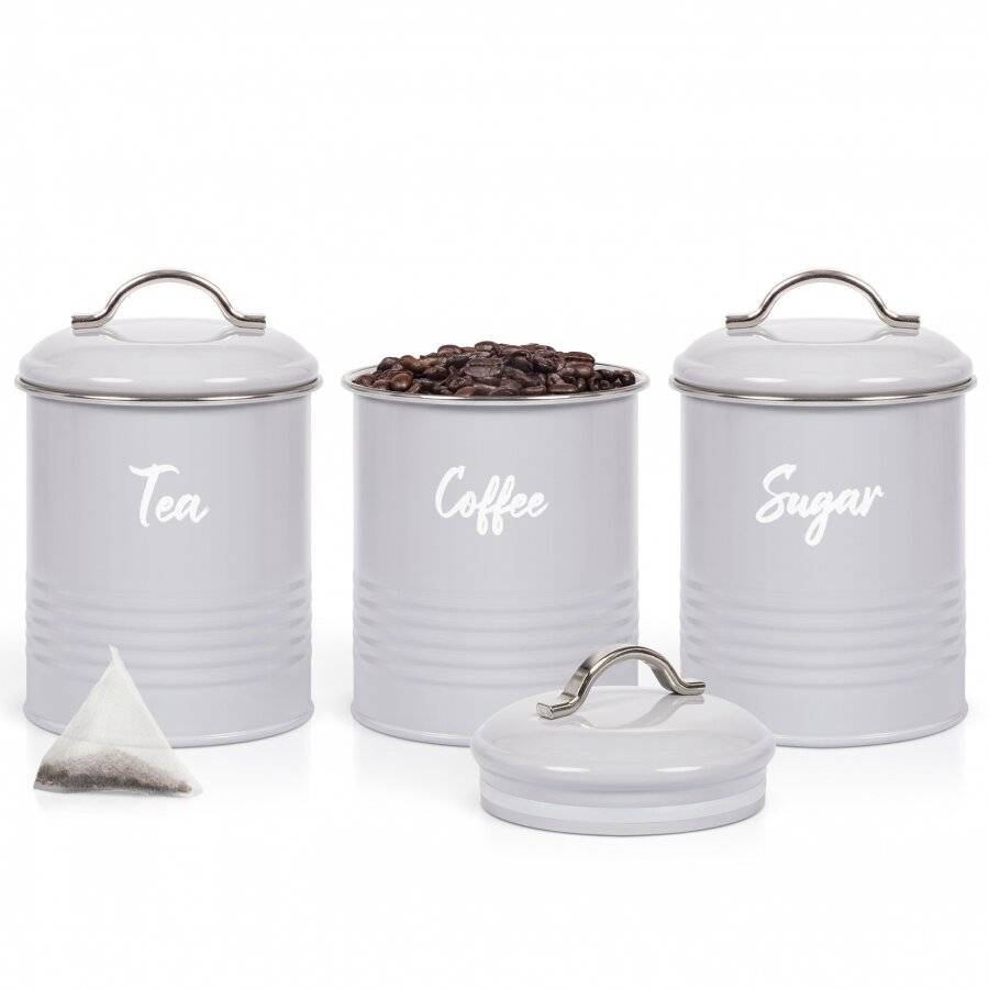 Set of 3 Airtight Round Tea, Sugar and Coffee Storage Canisters - Grey