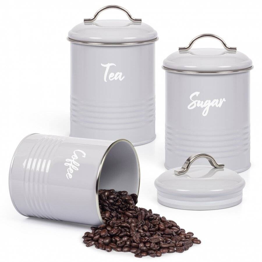 Set of 3 Airtight Round Tea, Sugar and Coffee Storage Canisters - Grey