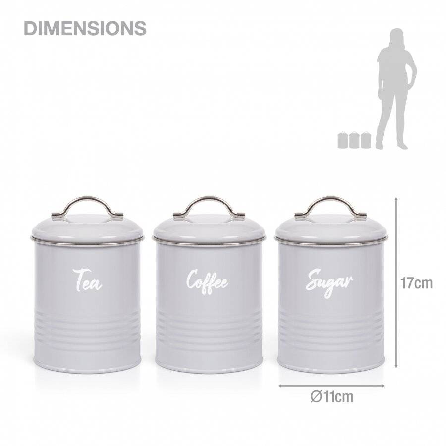 Set of 3 Airtight Round Tea, Sugar and Coffee Storage Canisters - Grey