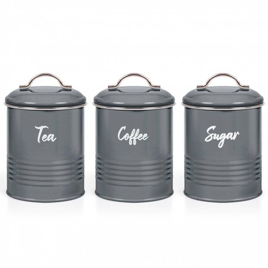 Set of 3 Airtight Round Tea, Sugar & Coffee Storage Jars, Grey, 0.9 L