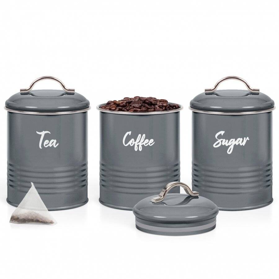 Set of 3 Airtight Round Tea, Sugar & Coffee Storage Jars, Grey, 0.9 L