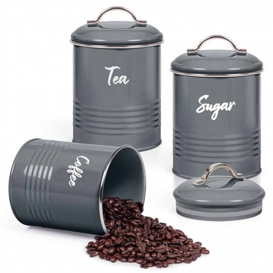 Set of 3 Airtight Round Tea, Sugar & Coffee Storage Jars, Grey, 0.9 L