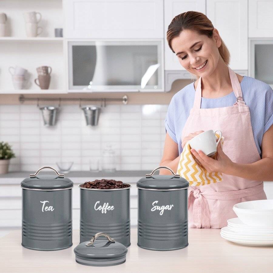 Set of 3 Airtight Round Tea, Sugar & Coffee Storage Jars, Grey, 0.9 L