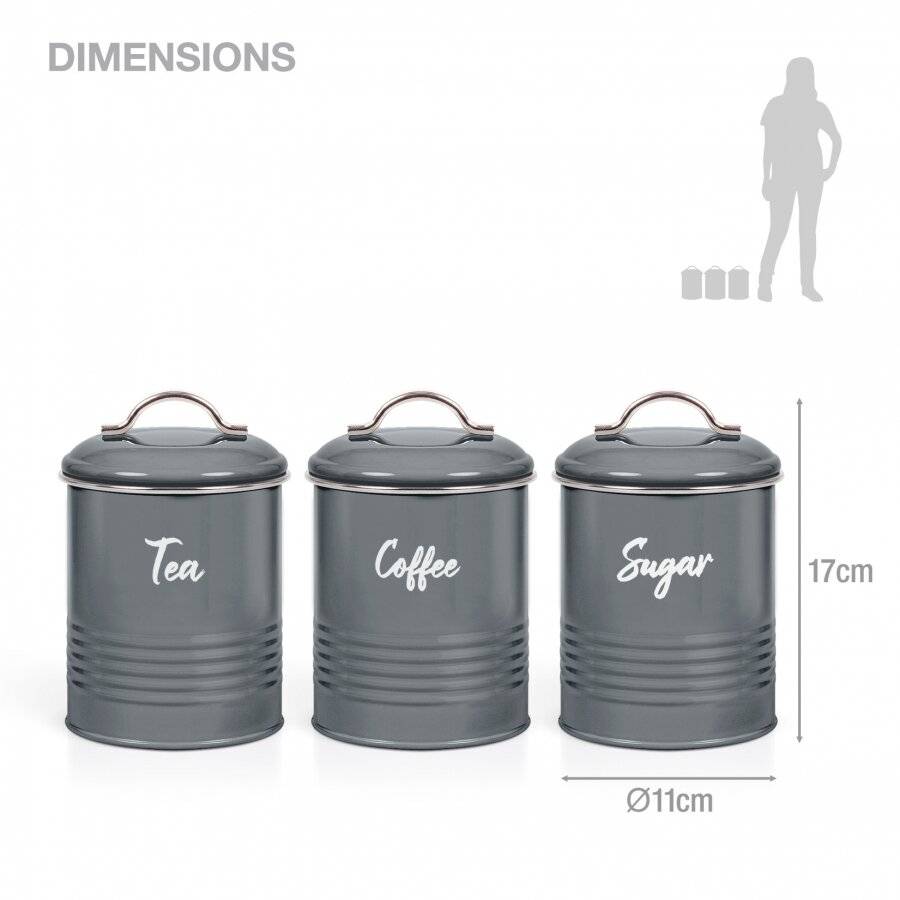 Set of 3 Airtight Round Tea, Sugar & Coffee Storage Jars, Grey, 0.9 L