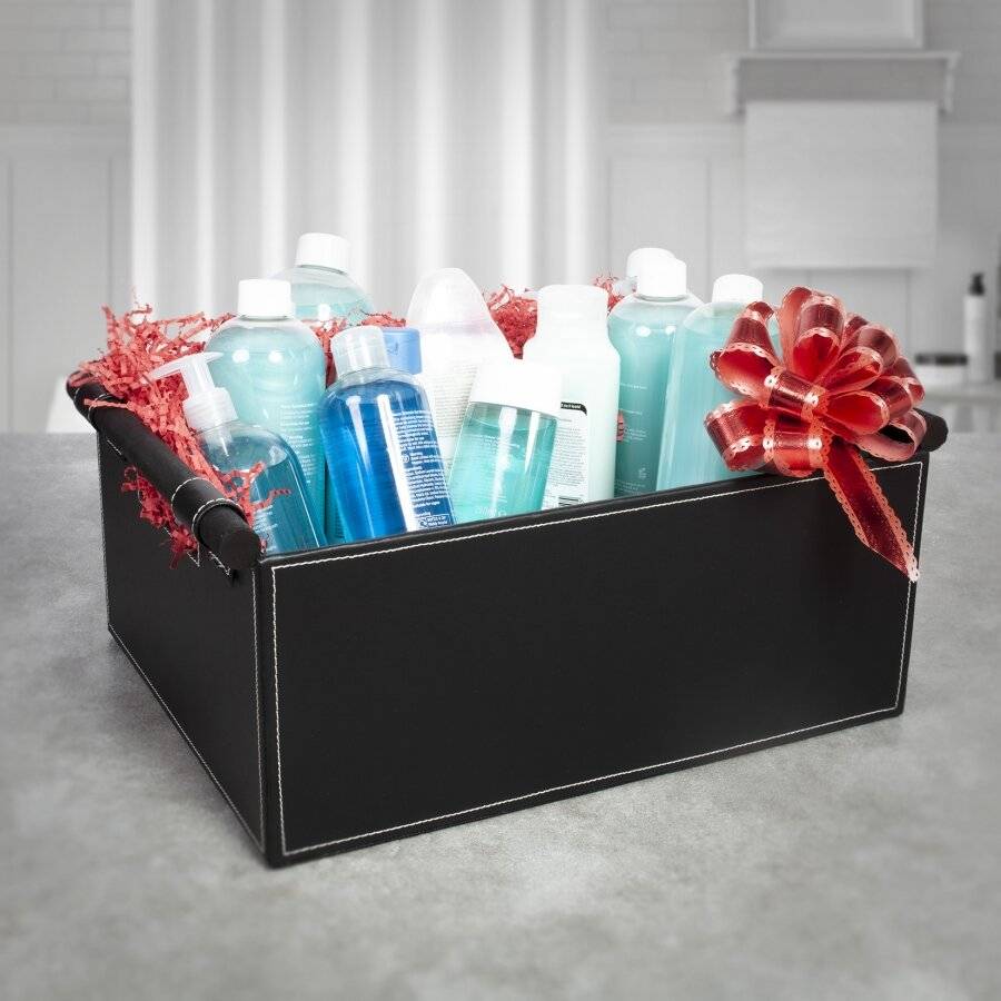 Set of 3 Faux Leather Shelf Baskets With Wooden Handles - Black