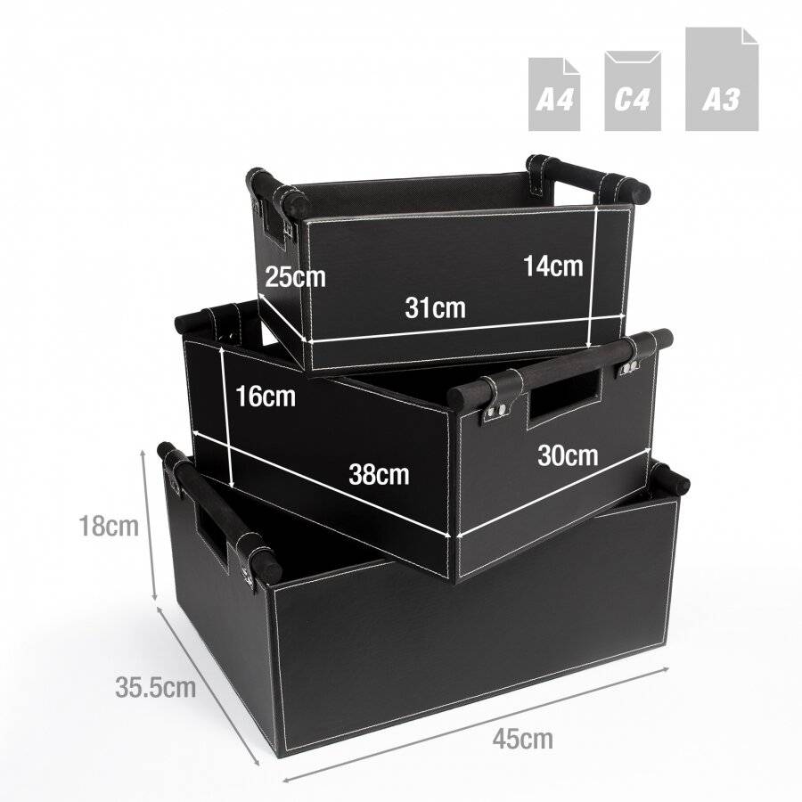 Set of 3 Faux Leather Shelf Baskets With Wooden Handles - Black
