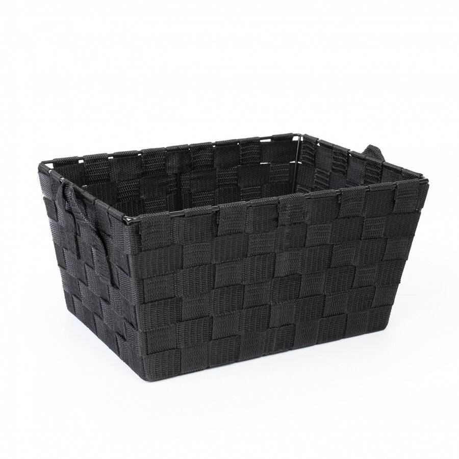 Set of 3 Rectangular Woven Storage Basket With Carry Handles, Black