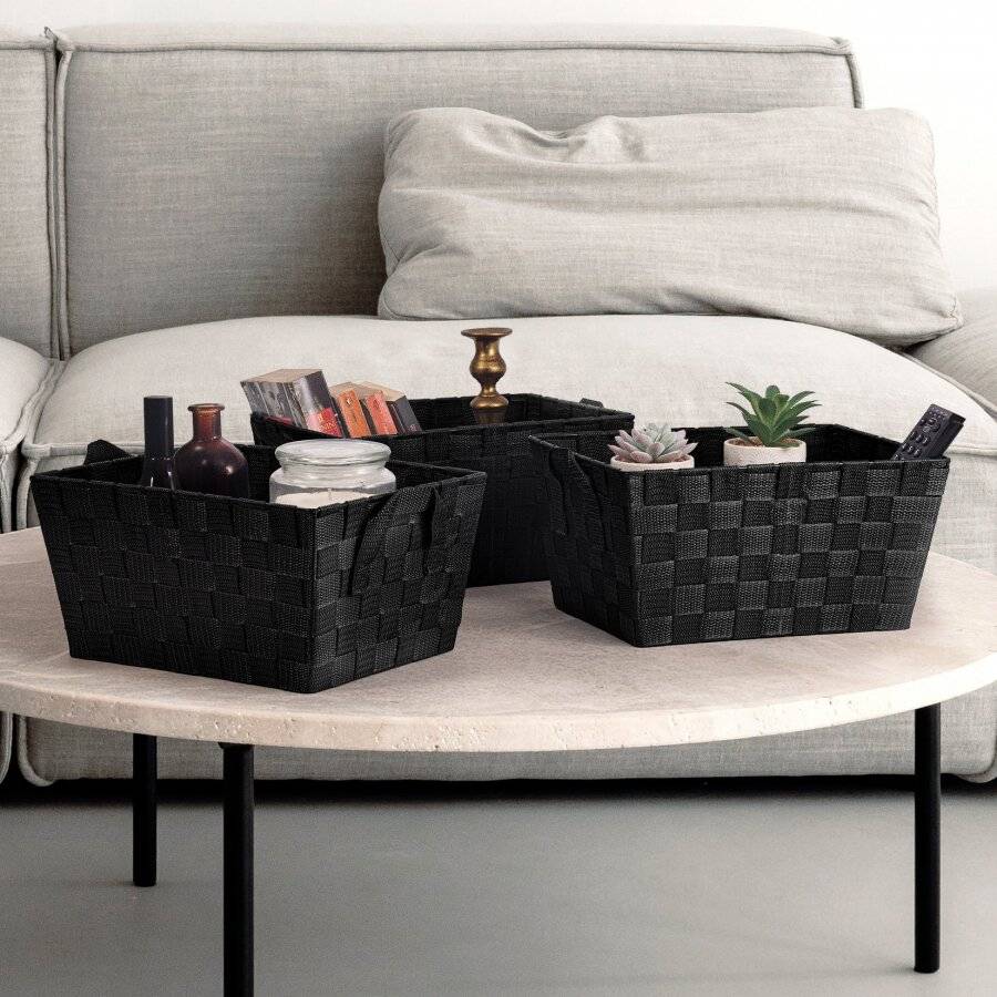 Set of 3 Rectangular Woven Storage Basket With Carry Handles, Black