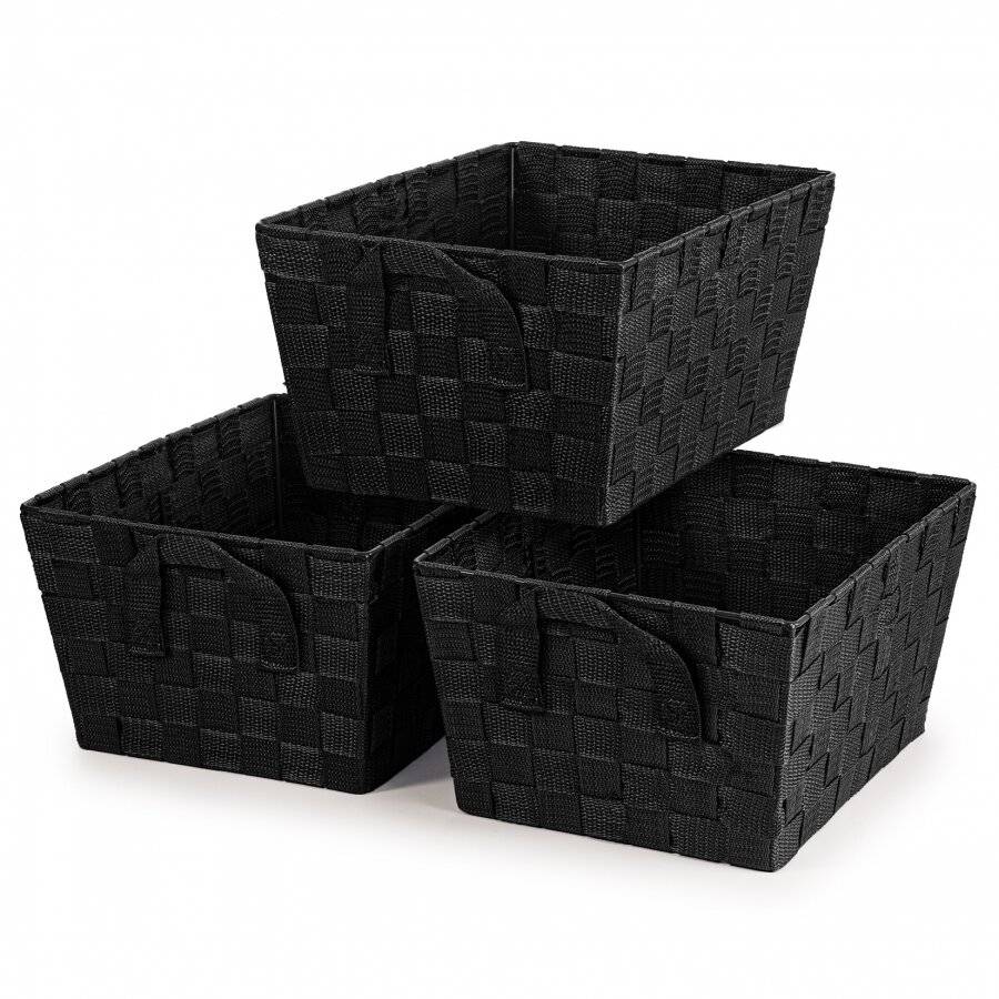 Set of 3 Rectangular Woven Storage Basket With Carry Handles, Black